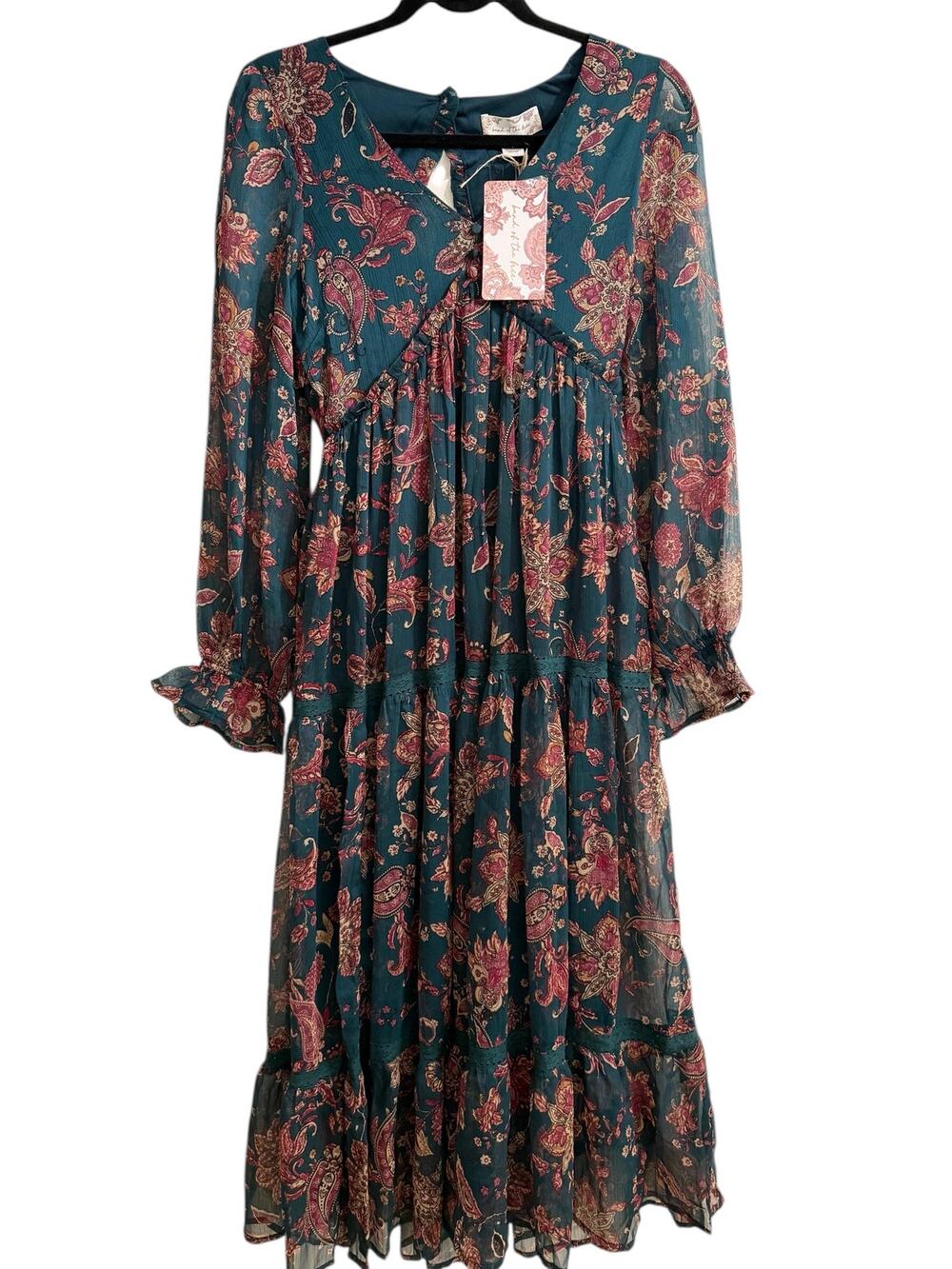 Band of the Free XS Dark Green Floral Tiered Maxi Dress Boho Cottagecore
